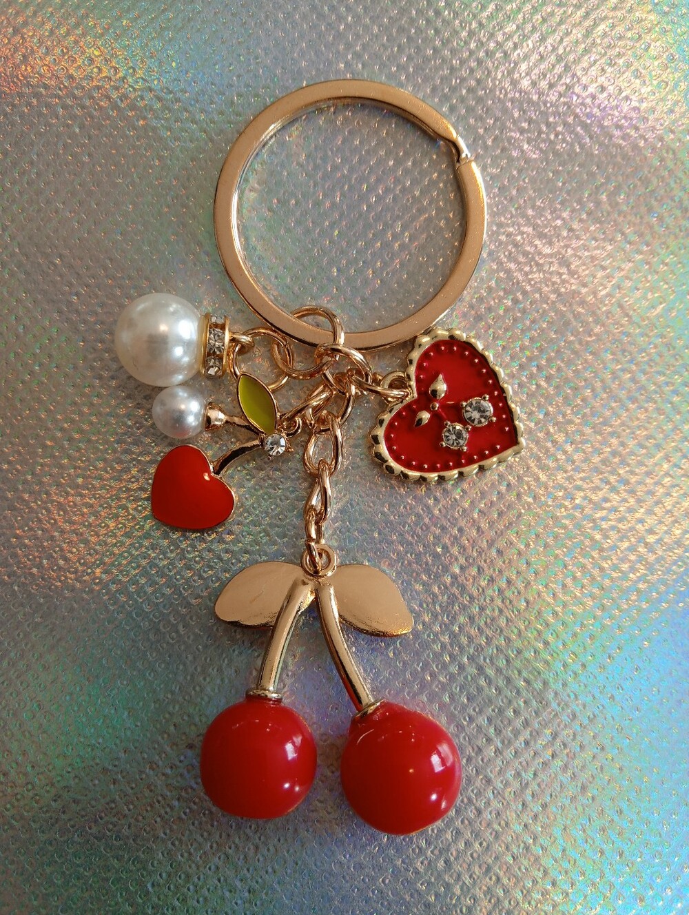 Gold Cherry Charm Keychain with Red Enamel Hearts and Pearls
